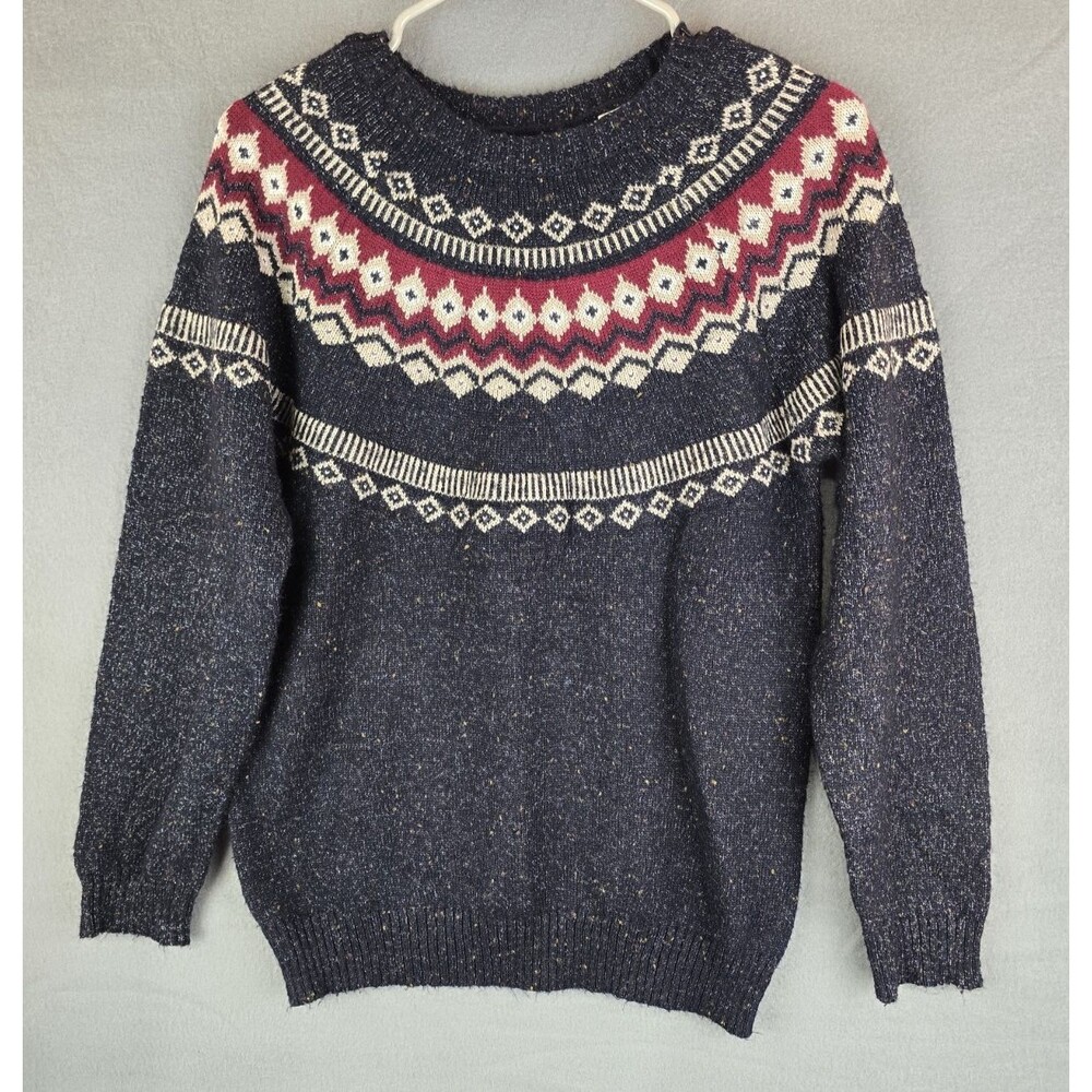 Ladies Weatherproof Vintage Fair Isle Pullover Sweater Blue Crew Neck Medium